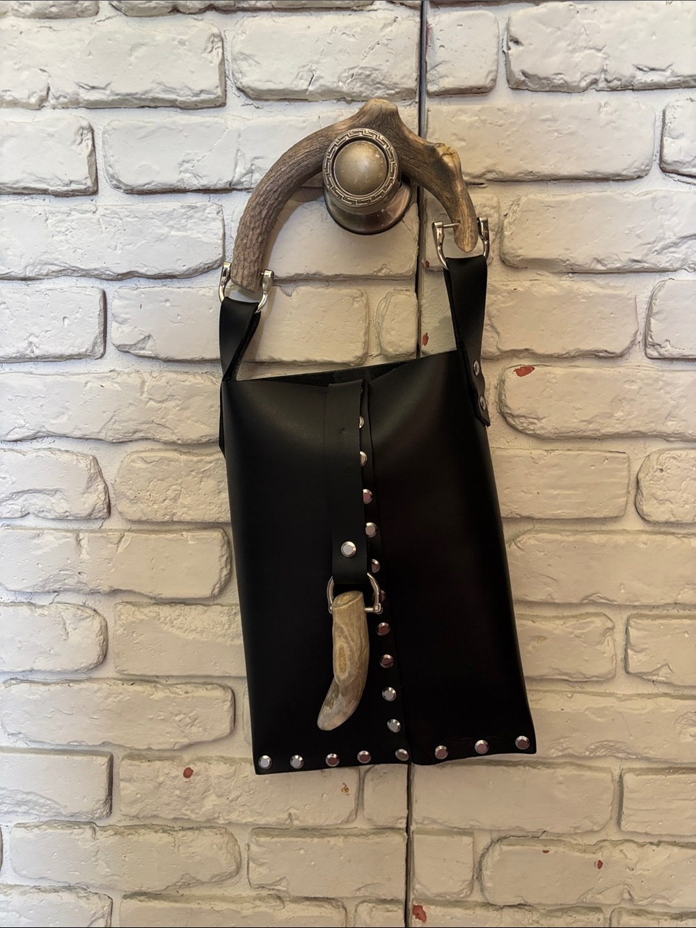 Black Leather Studded Shoulder Bag with Horn Accent